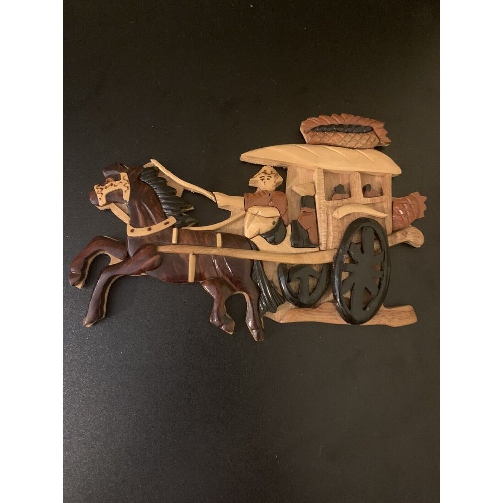 Intricate Multi Colored Wood Pieced Asian Artwork Wagon Cart Wall Hanging